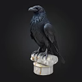 Black Raven Statue Standing On White Marble Base With Detailed Feathers 3d model