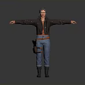 Woman In Black Jacket Blue Jeans With Brown Belt Tool Bag Arms Outstretched On Gray Background