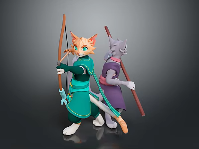 Anthropomorphic Cat Characters With Green Purple Outfits Holding Bow Arrow And Staff 3d model