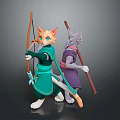 Anthropomorphic Cat Characters With Green Purple Outfits Holding Bow Arrow And Staff