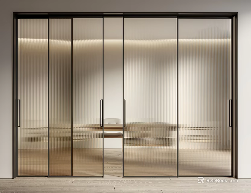 Modern Sleek Interior Sliding Doors With Ribbed Glass And Black Frame 3d model 