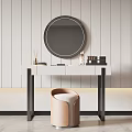 Modern White Dressing Table with Round Mirror Black Legs Brown Stool and Decorative Items 3d model