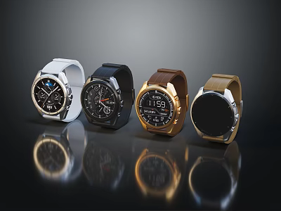 Smart Watches in Various Styles and Colors with Modern Round Dials and Leather Metal Straps 3d model