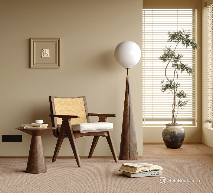 Rattan Leisure Chair With Wooden Frame Beige Cushion Side Table Floor Lamp And Potted Plant 3d model 