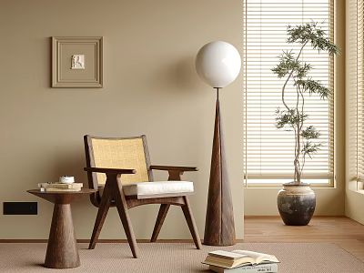 Rattan Leisure Chair With Wooden Frame Beige Cushion Side Table Floor Lamp And Potted Plant 3d model