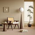 Rattan Leisure Chair With Wooden Frame Beige Cushion Side Table Floor Lamp And Potted Plant