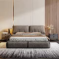 Modern Upholstered Double Bed With Striped Bedding Nightstands Lamps And Light Rug By Window