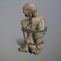 Bound Emaciated Humanoid Character Sitting With Hands Near Mouth In Restrained Posture