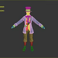 Colorful Clown Character Wearing Green Hat Blue Coat with Playful Animal Companion and Colorful Prop