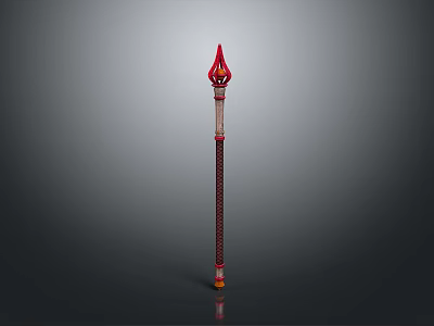 Ornate Red and Gold Staff Weapon with Spiral Pattern and Decorative Top Shaft 3d model