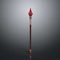 Ornate Red and Gold Staff Weapon with Spiral Pattern and Decorative Top Shaft