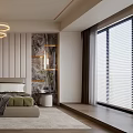 Modern Double Bed In Background With Paneled Wall Circular Hanging Lights Nightstands And Soft Rug