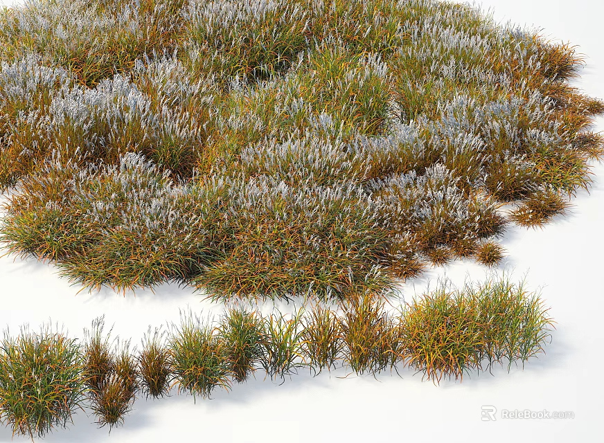 Natural Green And Brown Grass Plants With Frost Covered Blades In Winter Snowy Field 3d model 