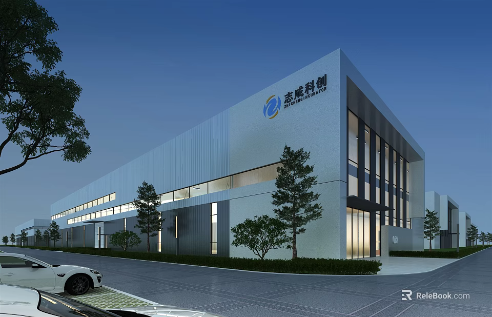 Modern Industrial Factory Building With Metal Exterior Large Glass Windows And Surrounding Landscaping 3d model 