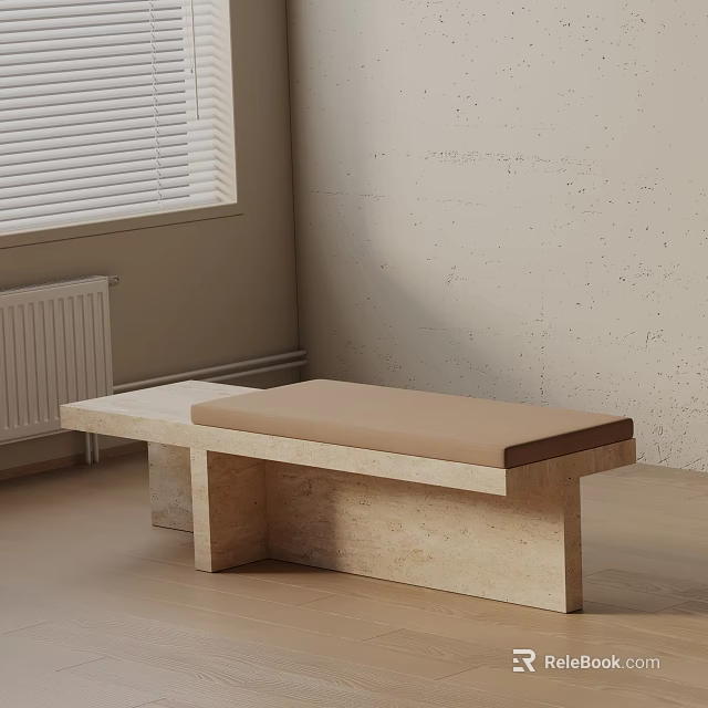Modern Minimalist Stone Leg Bench With Light Brown Upholstered Seat In Beige Living Room Interior 3d model 