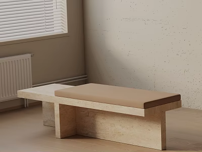 Modern Minimalist Stone Leg Bench With Light Brown Upholstered Seat In Beige Living Room Interior 3d model