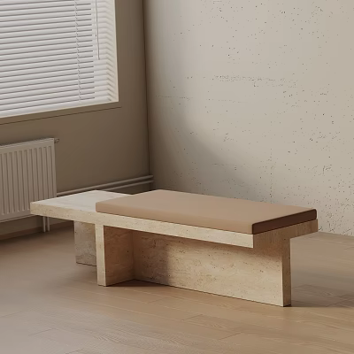 Modern Minimalist Stone Leg Bench With Light Brown Upholstered Seat In Beige Living Room Interior 3d model