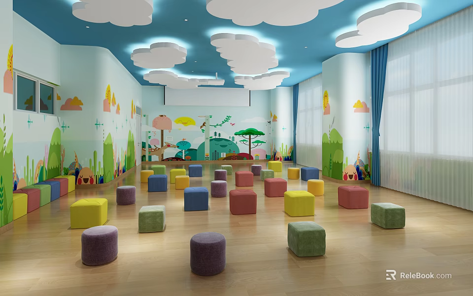 Colorful Soft Padded Stools in Children's Playroom with Cartoon Wall Art Cloud Ceiling Wooden Floor 3d model 
