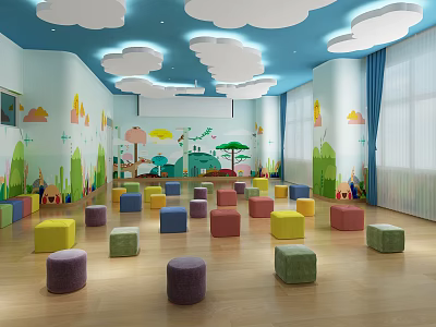 Colorful Soft Padded Stools in Children's Playroom with Cartoon Wall Art Cloud Ceiling Wooden Floor 3d model