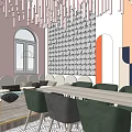 Café Interior With Pink Walls Hanging Decorations Staircase Green Chairs And Long Table