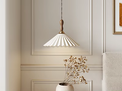 Modern Minimalist Interior Featuring White Pleated Pendant Light On Paneled Wall With Dried Flower Vase 3d model