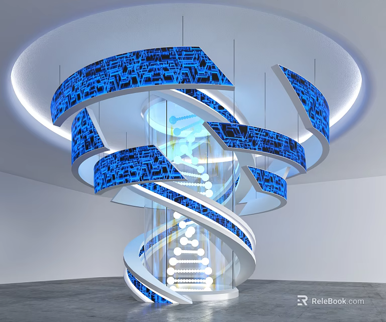 Modern Spiral Pillar With Blue Digital Patterns And Illuminated Lighting Design 3d model 