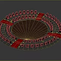 Black Circular Seating Furniture with Red Accents Around Central Platform