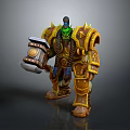 Green Skinned Fantasy Warrior With Golden Brown Spiked Armor Holding Large Hammer And Ornate Headpiece