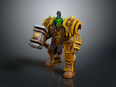 Green Skinned Fantasy Warrior With Golden Brown Spiked Armor Holding Large Hammer And Ornate Headpiece 3d model