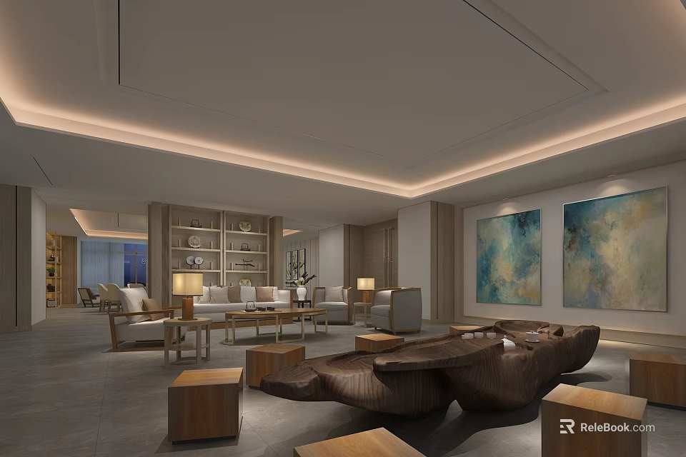 Modern Hotel Public Lounge Area With Comfortable Sofas Wooden Coffee Tables Bookshelves And Large Artworks 3d model 