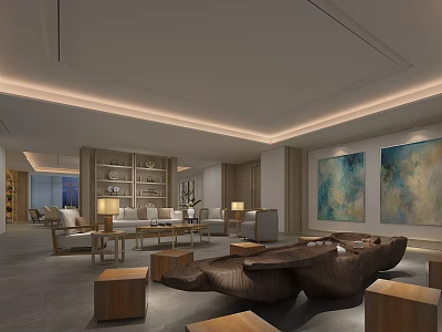 Modern Hotel Public Lounge Area With Comfortable Sofas Wooden Coffee Tables Bookshelves And Large Artworks 3d model