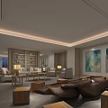 Modern Hotel Public Lounge Area With Comfortable Sofas Wooden Coffee Tables Bookshelves And Large Artworks