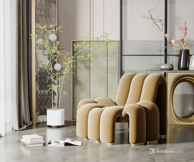 Beige Velvet Single Seater Sofa With Modern Curved Design And Green Plants In Living Room 3d model 