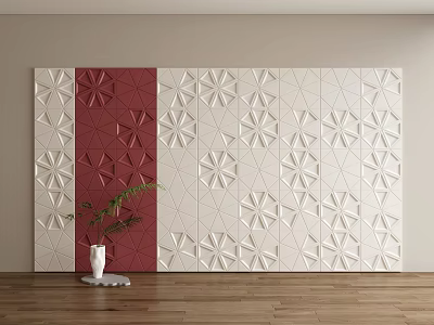 Modern Elegant Accent Wall Featuring Red And White Geometric Patterns Green Plant On Wooden Floor 3d model