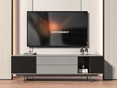 Modern Living Room Interior TV Stand With Black Gray Design Metal Legs Storage Entertainment Setup 3d model