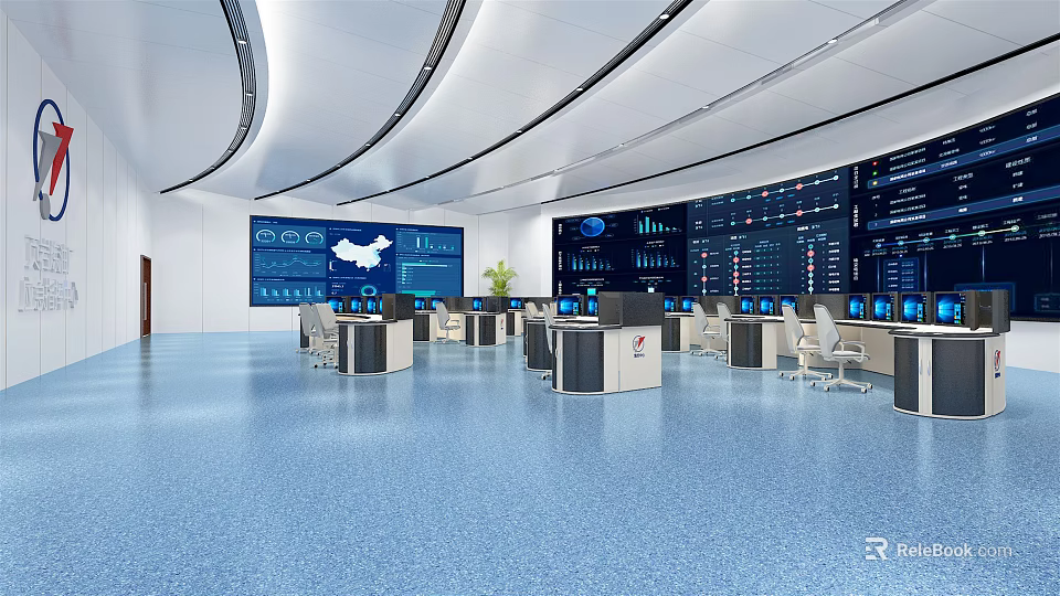 Modern Control Room Interior Setup With Multiple Monitoring Screens Data Charts And Control Desks 3d model 