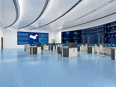 Modern Control Room Interior Setup With Multiple Monitoring Screens Data Charts And Control Desks 3d model