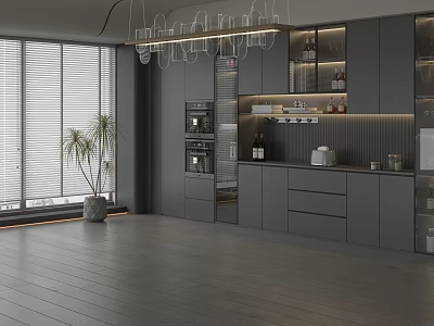 Modern Gray Wine Cabinet With Glass Doors Displaying Bottles In Kitchen Interior 3d model