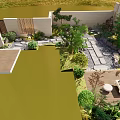Courtyard Garden Design With Wooden Pavilion Stone Path Green Plants And Outdoor Dining Set