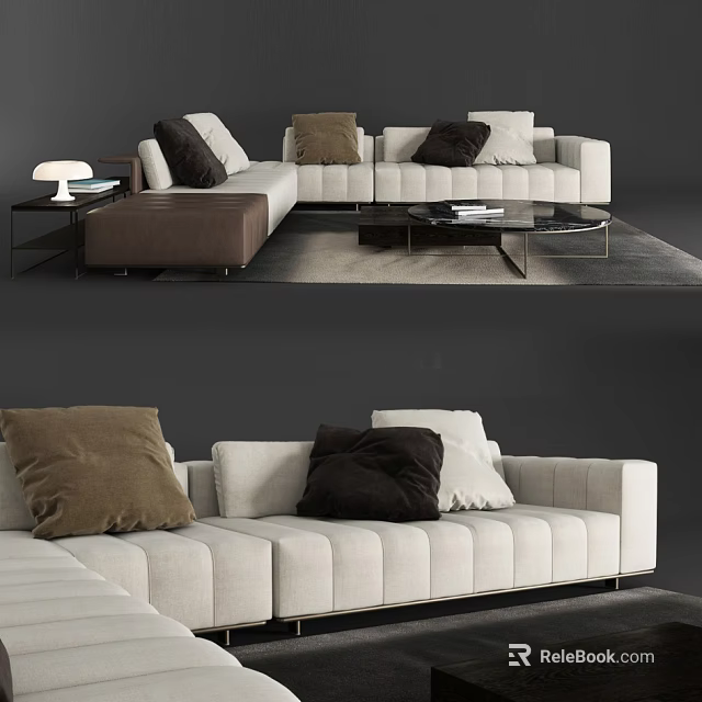 Modern Beige Sofa Coffee Table Set With Multicolor Throw Pillows And Glass Top Table 3d model