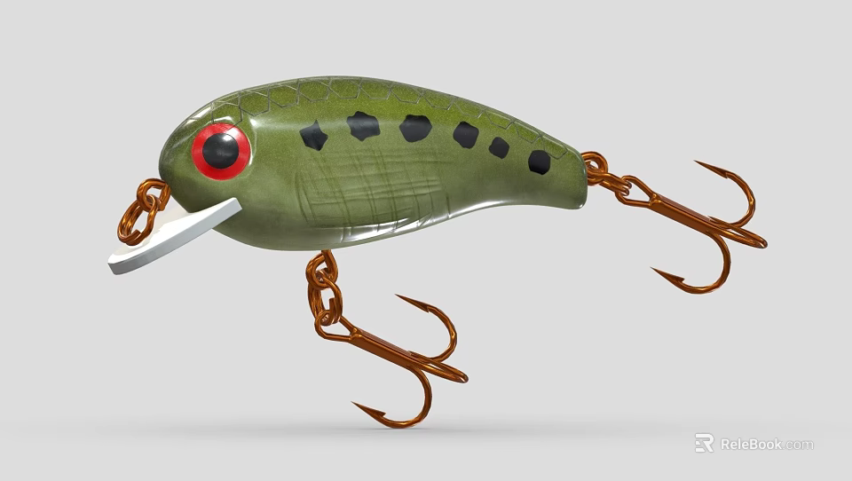 Green Fishing Lure With Red Eye Black Spots And Brown Hooks Design 3d model 