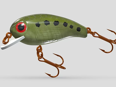 Green Fishing Lure With Red Eye Black Spots And Brown Hooks Design 3d model