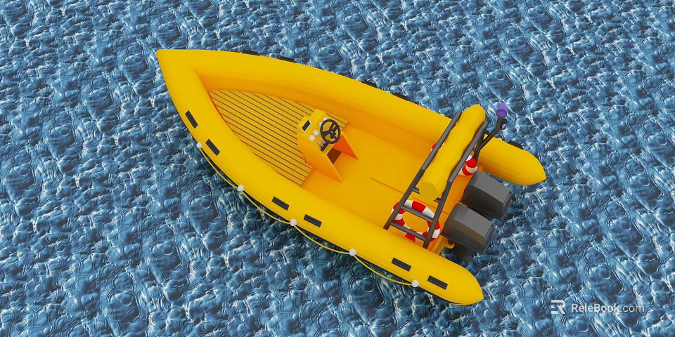 Yellow Inflatable Boat With Steering Wheel And Outboard Motors On Water Surface 3d model 