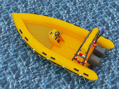 Yellow Inflatable Boat With Steering Wheel And Outboard Motors On Water Surface 3d model