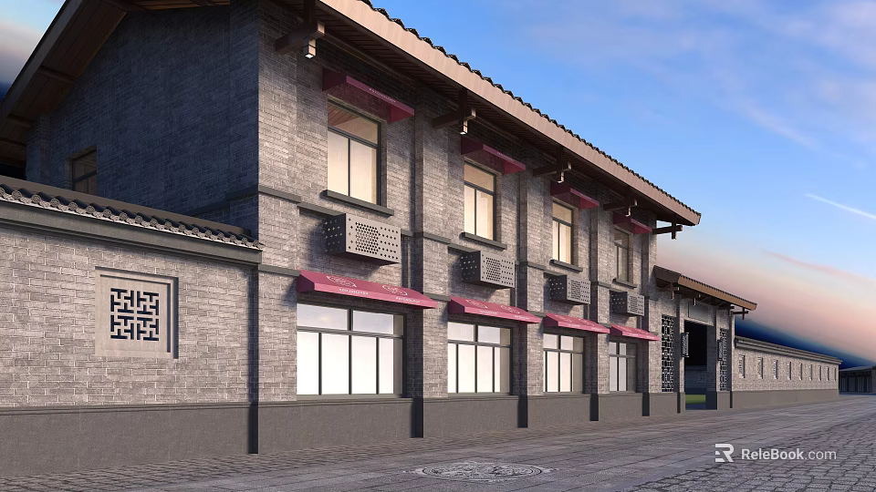 Traditional Commercial Street With Gray Brick Buildings Red Awnings And Decorations 3d model 