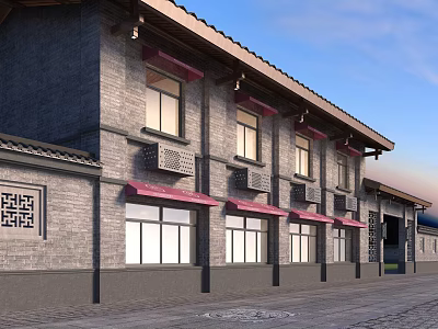 Traditional Commercial Street With Gray Brick Buildings Red Awnings And Decorations 3d model