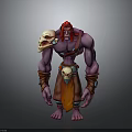 Purple Skinned Fantasy Creature Character With Red Hair Skull Decorations Arm Bracers And Orange Garment