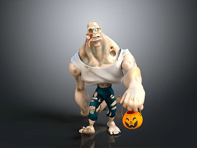 Muscular Cartoon Character In White Tank Top And Torn Blue Pants Holding Pumpkin Lantern 3d model