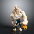 Muscular Cartoon Character In White Tank Top And Torn Blue Pants Holding Pumpkin Lantern