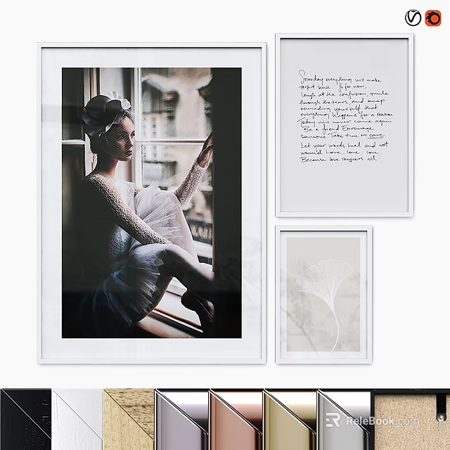 Stylish Photo Frames With Black And White Photo Handwritten Text And Ginkgo Leaf Print 3d model 